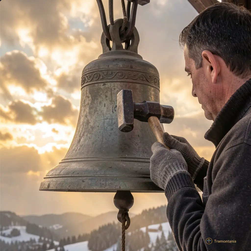 Un carillonneur en gants épais ajuste un marteau sur la cloche centrale. Derrière lui, une lumière dorée perce à travers les nuages de décembre.