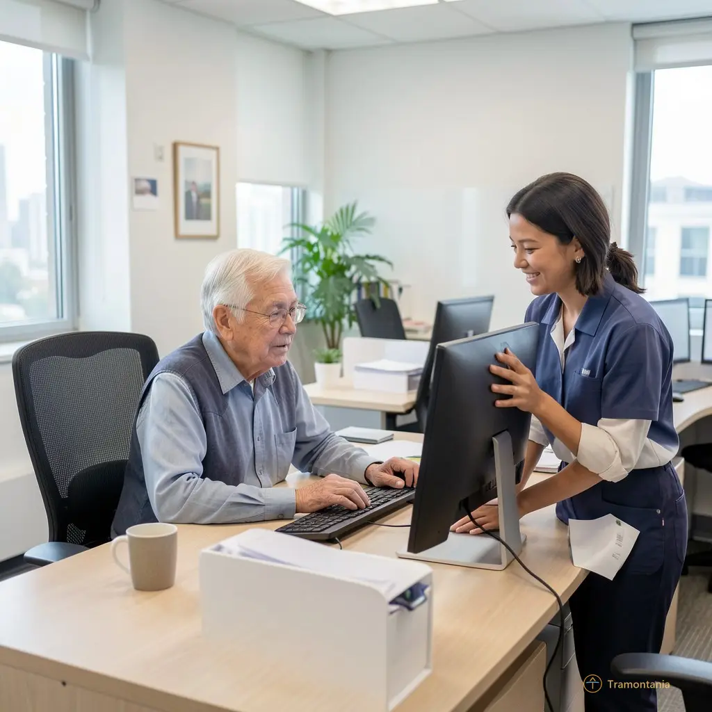 A quiet office setting with helpful staff assisting an older citizen at a computer