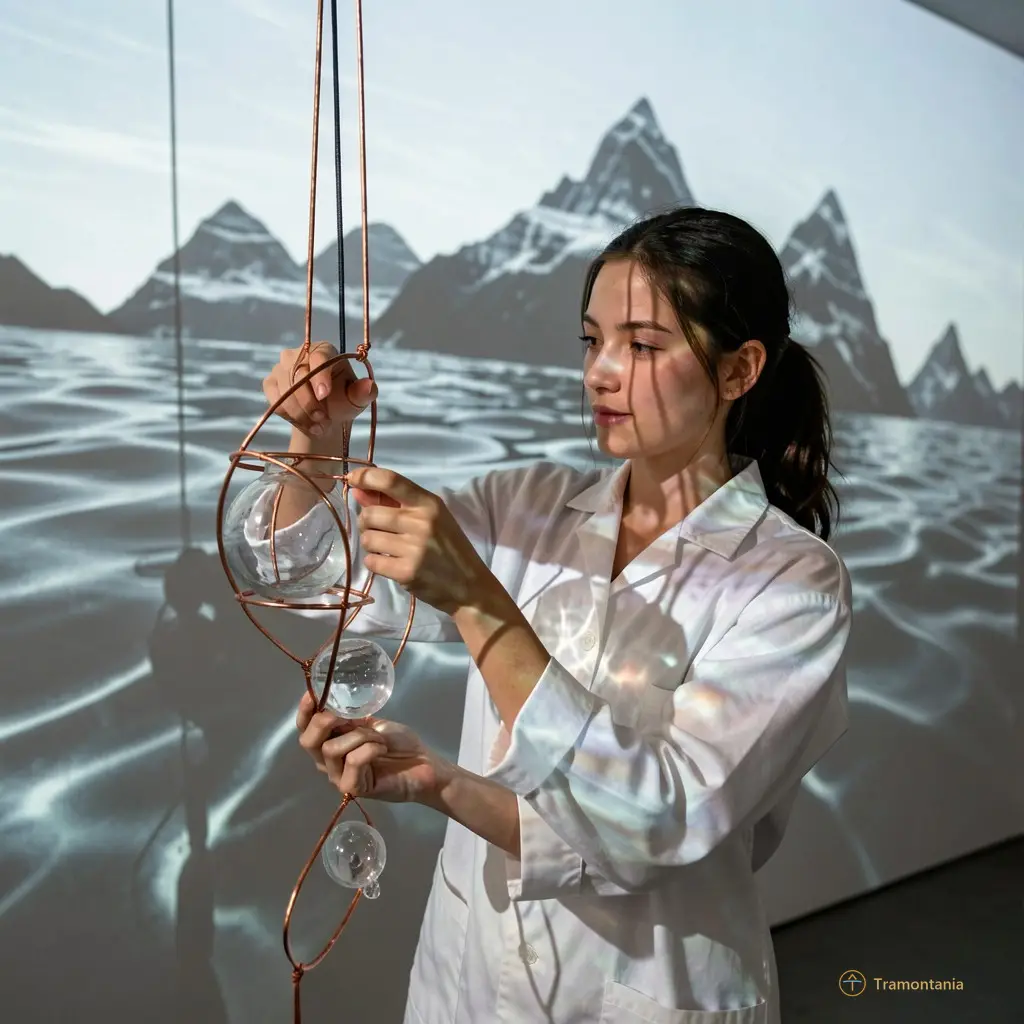 A young artist in a white tunic adjusts a suspended wire instrument made of copper and glass. Behind her, projections of mountain silhouettes ripple on the wall like water.