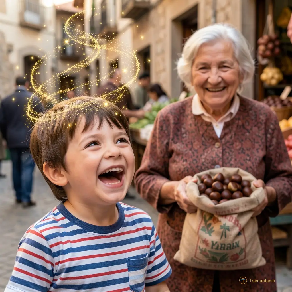 A child in a striped shirt laughs as golden particles swirl above their head — tiny sonic waves shaped like fireflies. Behind them, an old Catalan woman smiles, holding a bag of chestnuts from the market.