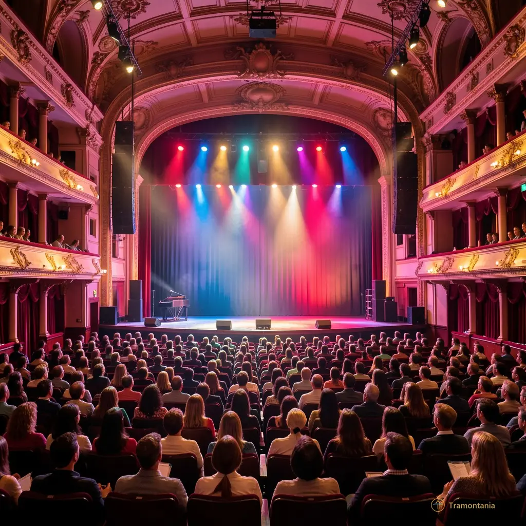 Wide shot of the theater interior with colorful stage lighting reflecting off the audience's faces