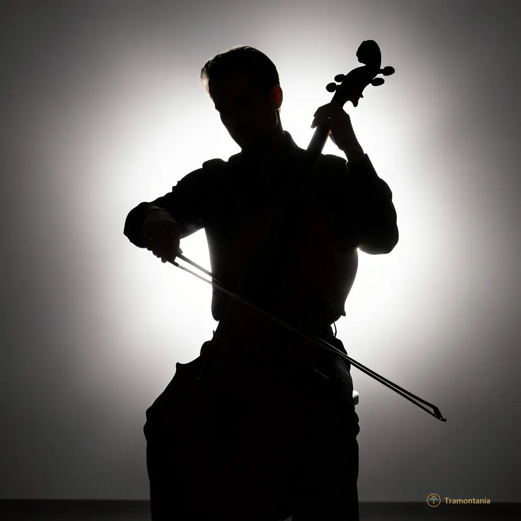 Silhouette of a cellist against bright backlights, creating high contrast and dramatic mood