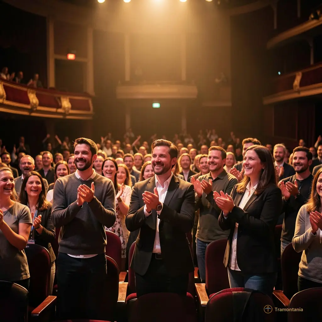 Audience members standing and clapping enthusiastically in a dimly lit theater with stage glow