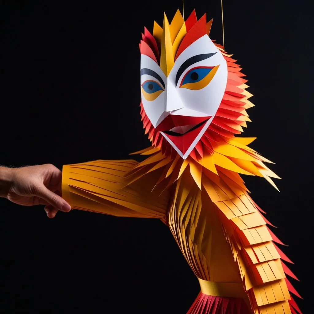 Close-up of a dancer's hand gripping a large, intricate paper puppet with exaggerated features, the paper edges sharp and colorful against a dark background, suggesting tension and control.