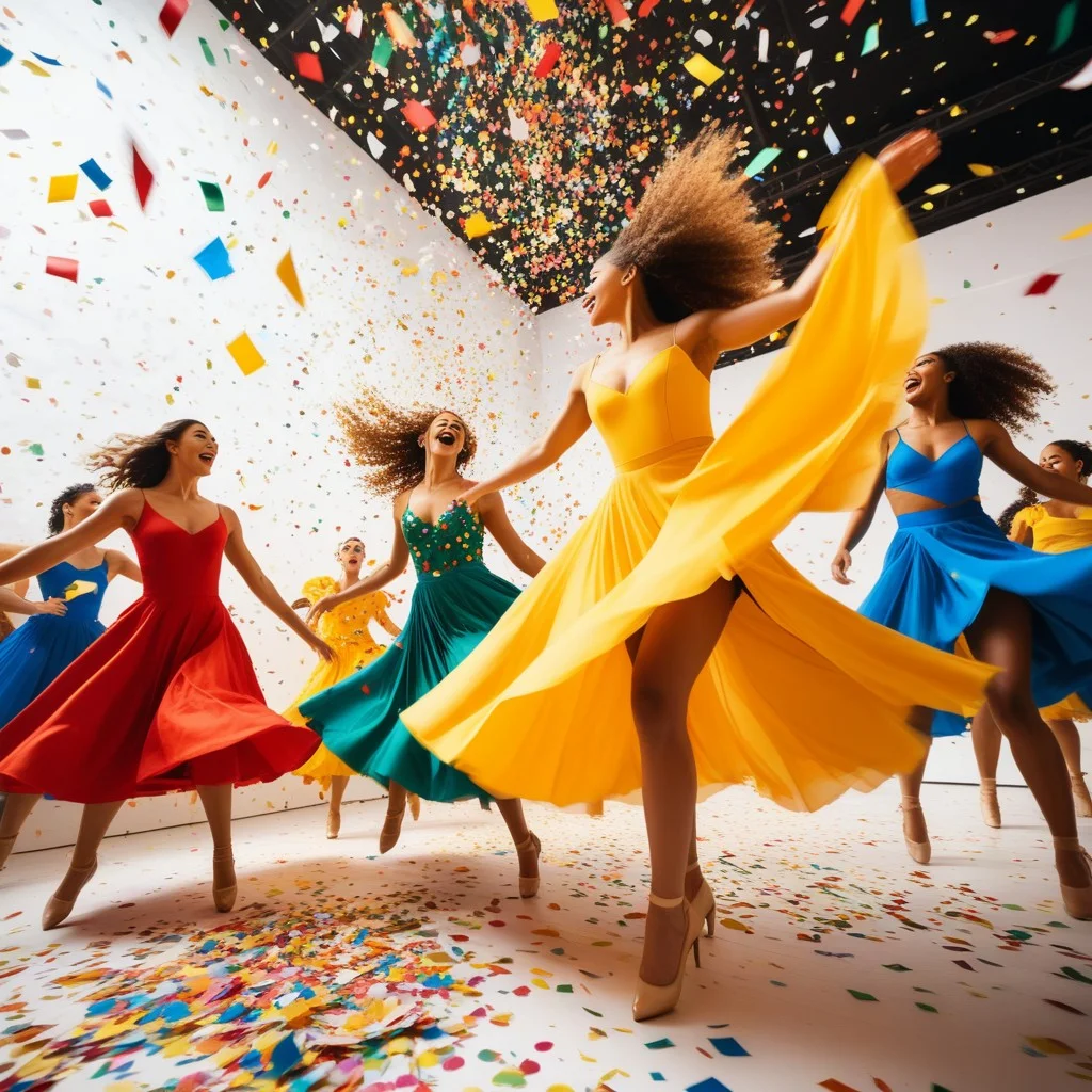Dynamic low-angle shot of dancers in motion, their colorful costumes blurring with speed, surrounded by falling confetti of paper scraps, capturing the chaotic energy of a climax moment.