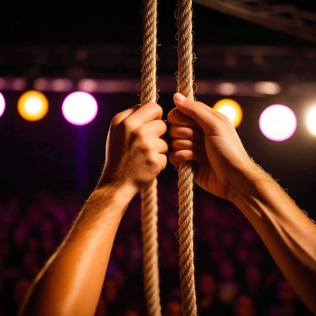 Close-up detail of hands gripping a rope tightly against the backdrop of blurred stage lights, emphasizing texture and tension