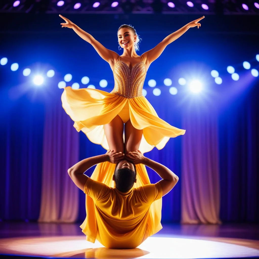 A dynamic mid-shot of a performer balancing on one foot atop another's shoulders in the center stage, surrounded by soft bokeh lights and flowing fabric elements