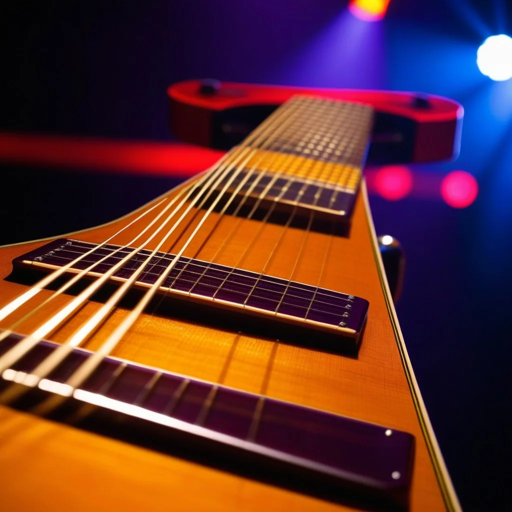 Close-up of an acoustic guitar neck and strings, slightly out of focus in the background, with vibrant, pulsating stage lights reflecting off the metal strings, conveying a sense of raw energy and musical tension.