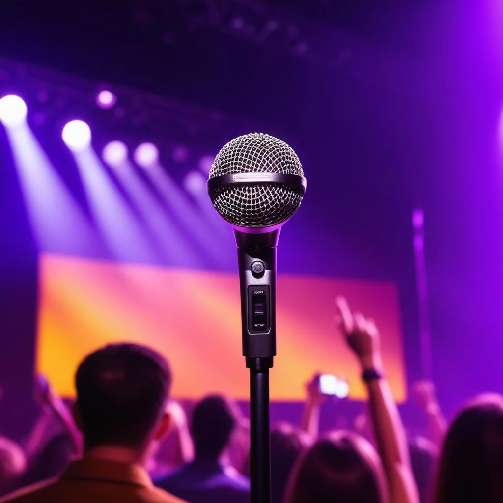 A dynamic low-angle shot of a microphone stand in the foreground, with a blurred background of a cheering audience raising their hands, illuminated by warm amber and cool purple stage lighting, capturing the collective energy of the live performance.