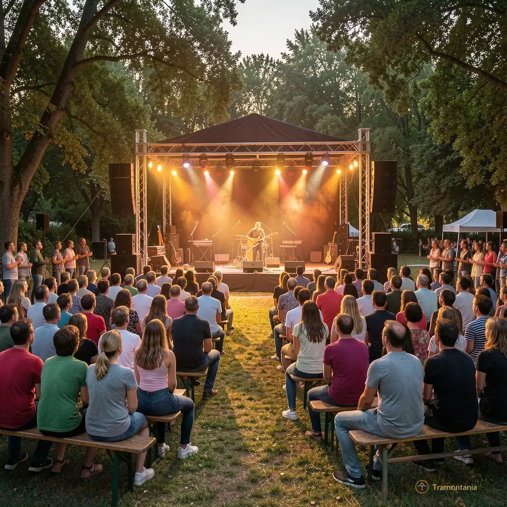 Scène large d'un concert intime en extérieur, public assis sur des bancs ou debout, regardant vers une scène improvisée avec des projecteurs chauds
