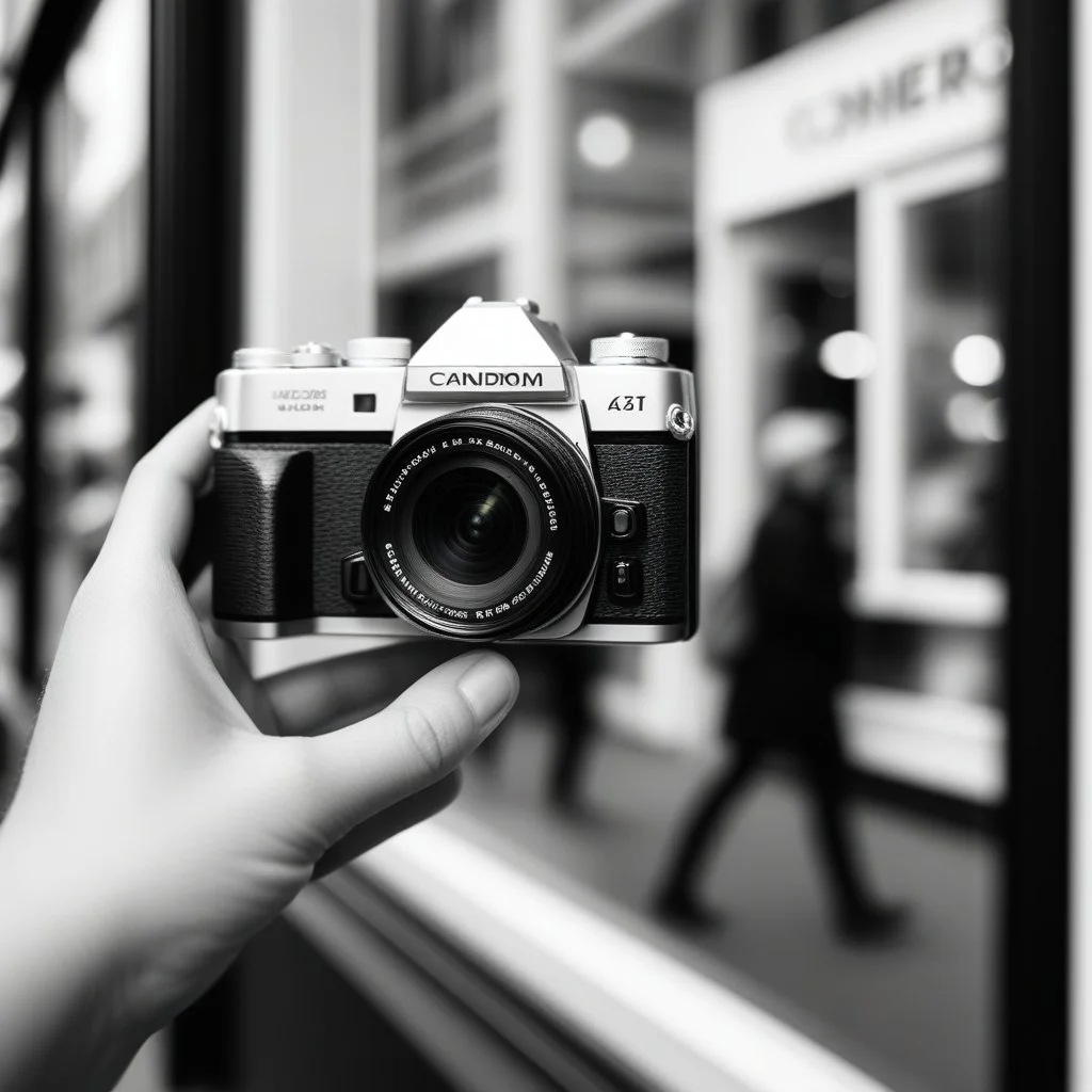 Close-up of a hand holding a camera, with a blurred background of a busy shop window displaying a striking black and white portrait photograph, warm afternoon light reflecting on the glass, capturing the act of observing and discovering.