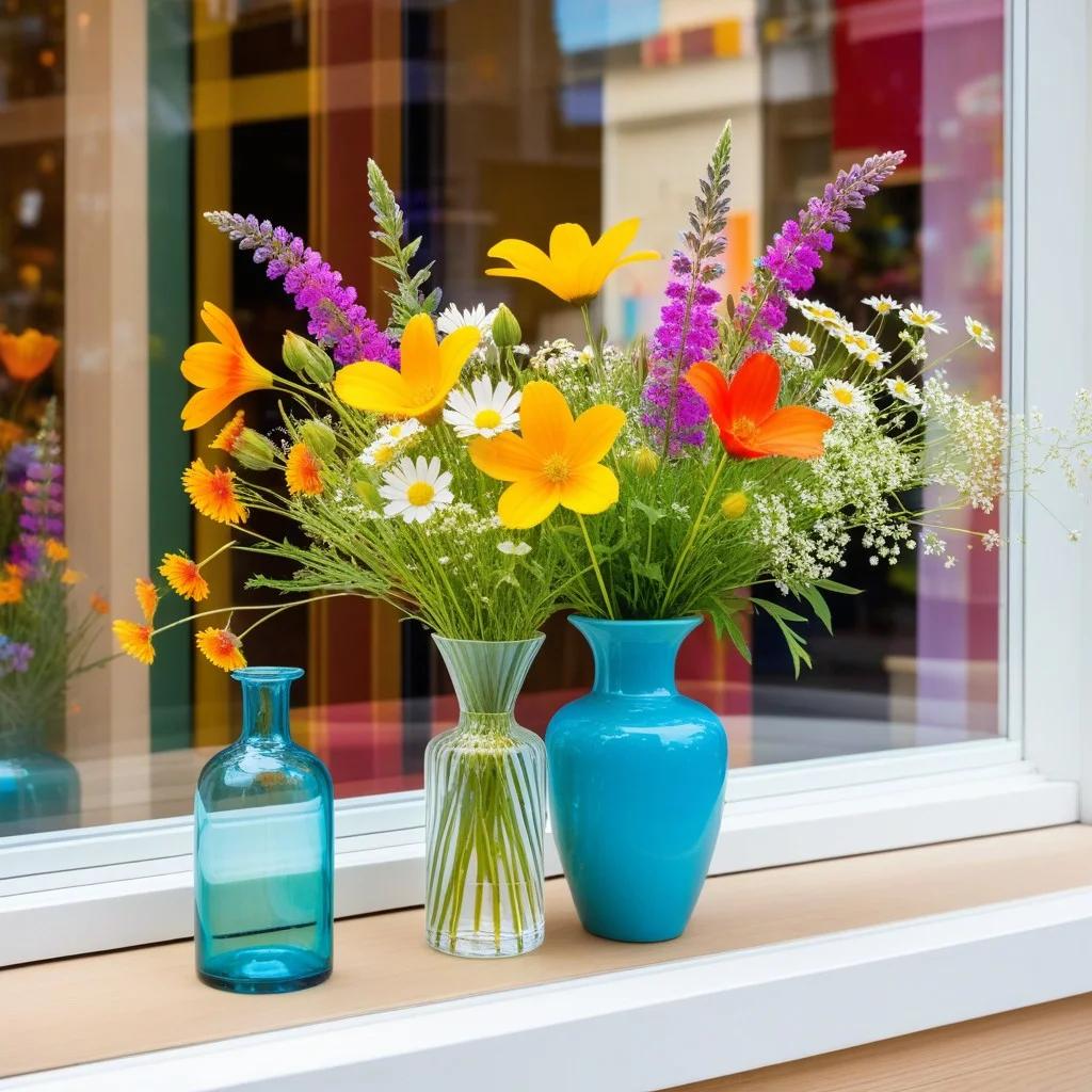 Detail shot of a colorful abstract photograph displayed in a shop window, next to a small vase of wildflowers, bright summer colors, festive and artistic ambiance, inviting passersby to stop and look.