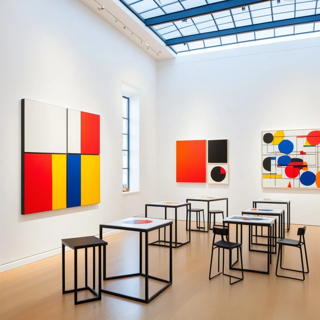 A wide angle view of a bright, airy gallery space with high ceilings and white walls, featuring large, playful abstract paintings with bold black lines and primary colors, with small tables set up for a creative workshop in the foreground.