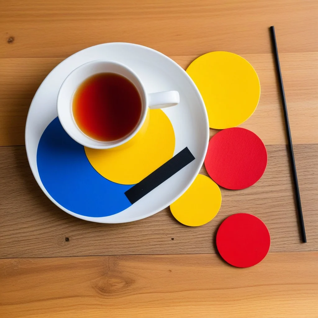 A detailed shot of a finished abstract artwork created by a child, featuring a chaotic but balanced mix of red, blue, and yellow shapes anchored by a strong, confident black line, placed on a wooden table next to a cup of tea.
