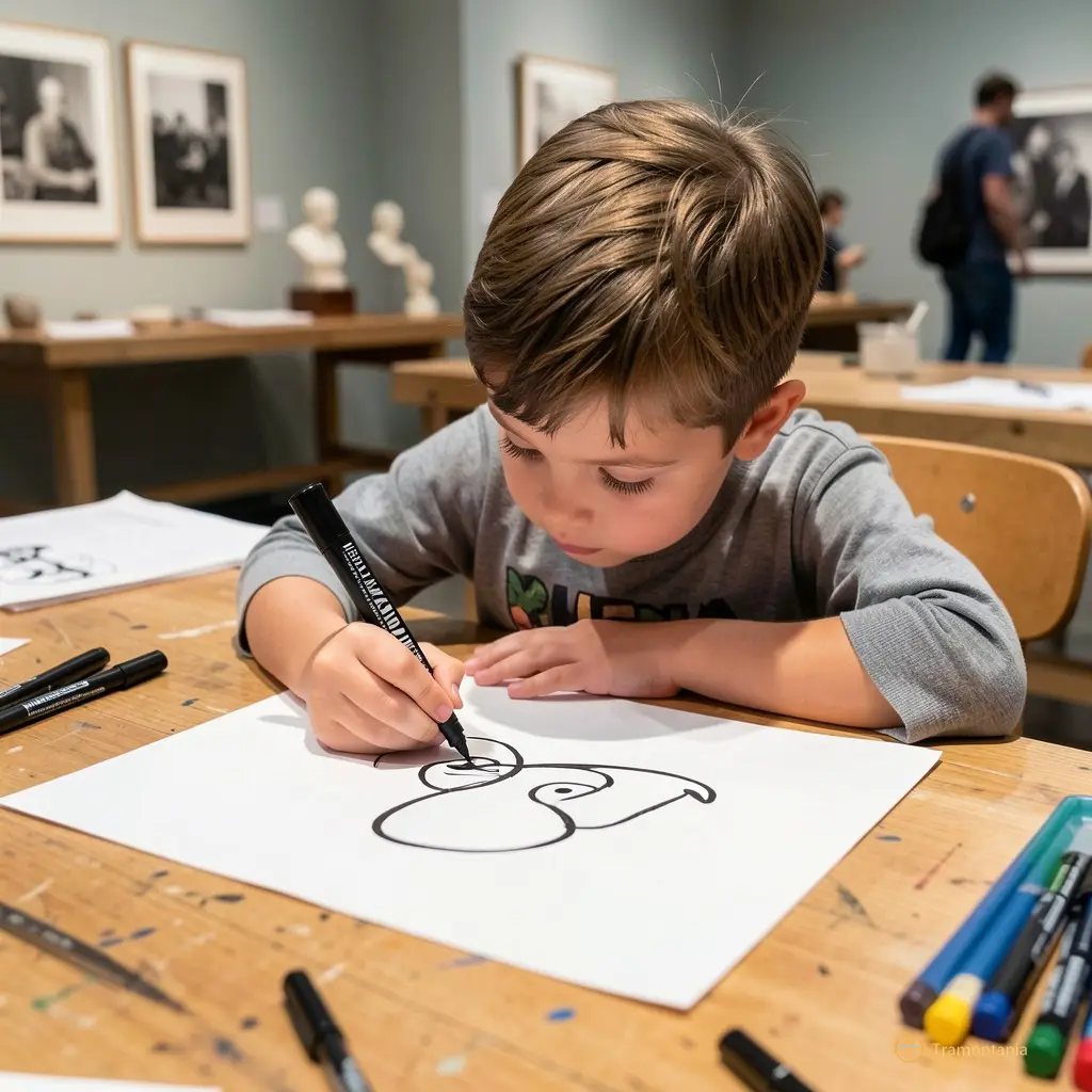 A young child intently drawing with a thick black marker on white paper at the museum workshop table