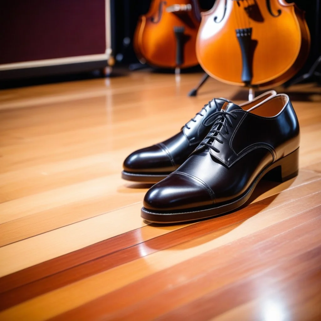 Close-up of a pair of polished leather dance shoes mid-step on a wooden stage floor, with the blurred background of a double bass and a drum kit, highlighting the rhythmic precision and energy of the performance.