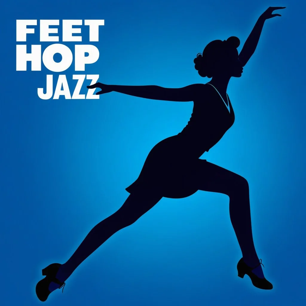 A vibrant retro-style poster illustration featuring a silhouette of a Lindy Hop dancer against a deep blue background, with bold typography reading 'Feet' and abstract jazz notes swirling around the figure.