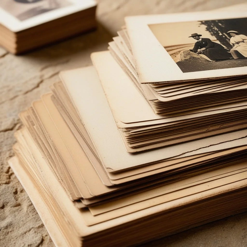 A close-up of a stack of vintage, sepia-toned postcards and old photographs resting on a rough stone surface. The edges of the cards are slightly worn, and a hand is gently touching the top image, evoking a sense of delicate discovery and historical connection.