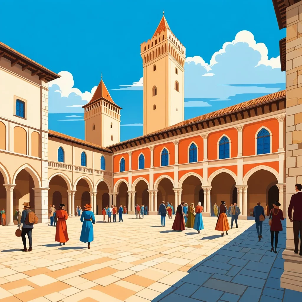 A vibrant, retro-style illustration of a group of visitors exploring the medieval courtyard of the Palais, with a photographer capturing the moment, set against a backdrop of blue sky and ancient stone towers.