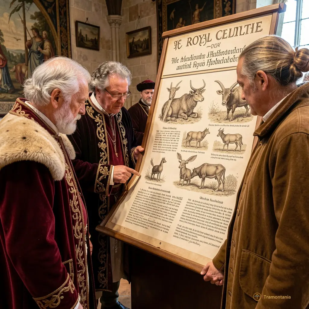 Visitors closely examining an exhibit panel about medieval animal husbandry in royal courts