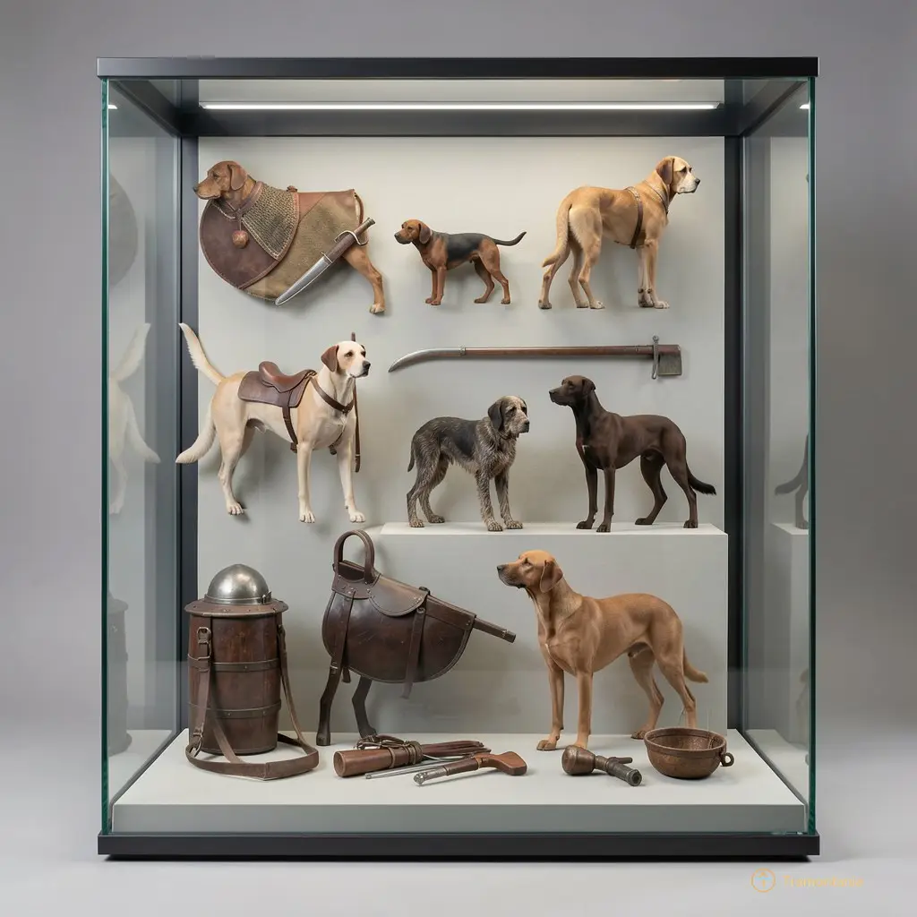 A modern display case containing artifacts related to hunting dogs from the Middle Ages