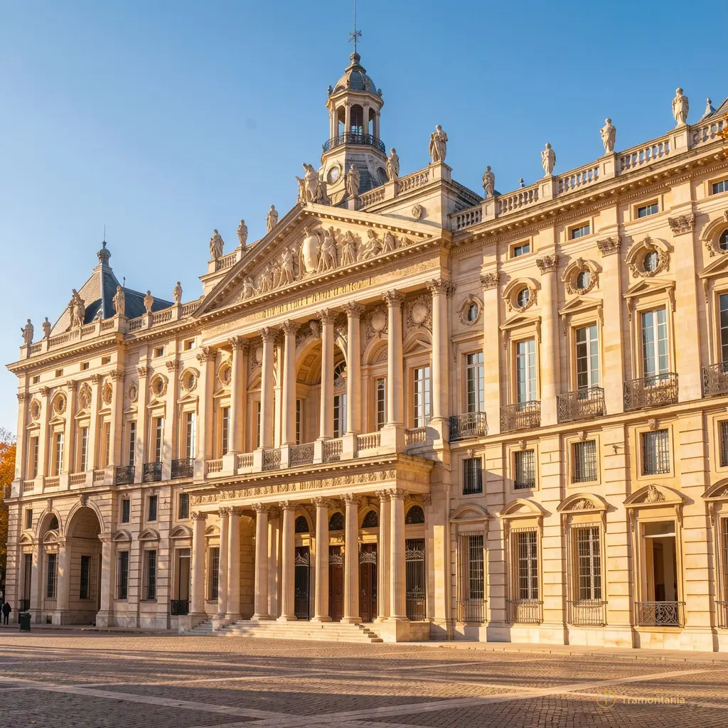 The facade of the Palais des rois de Majorque under a clear autumn sky