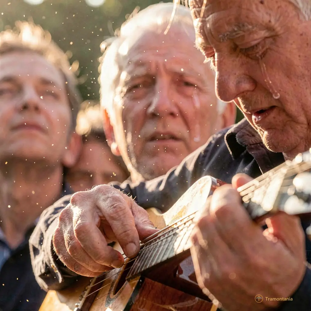 Close-up of a hand plucking guitar strings, sunlight catching dust motes in the air. Behind, blurred faces tilted toward the musicians, one elderly man with tears glistening on his cheek.