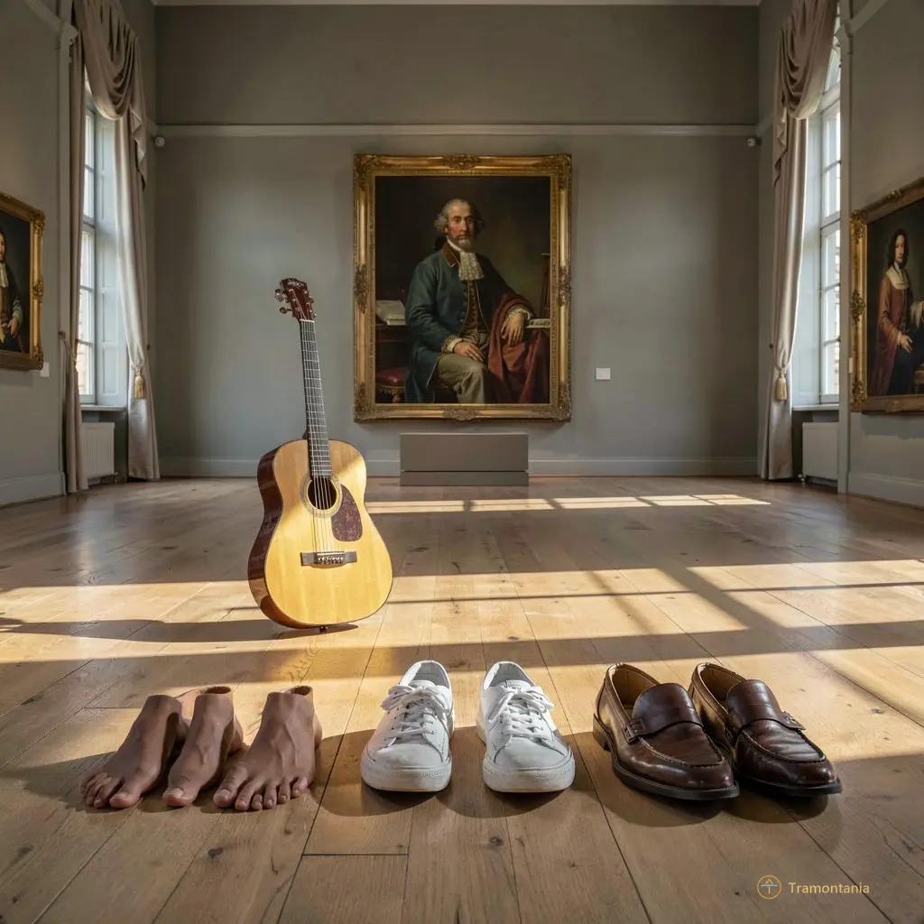Empty museum hall after the concert. A single guitar leans against a 19th-century portrait, sunlight pooling on its wood like liquid gold. On the floor, three pairs of shoes—barefoot, sneakers, leather loafers—placed neatly side by side.