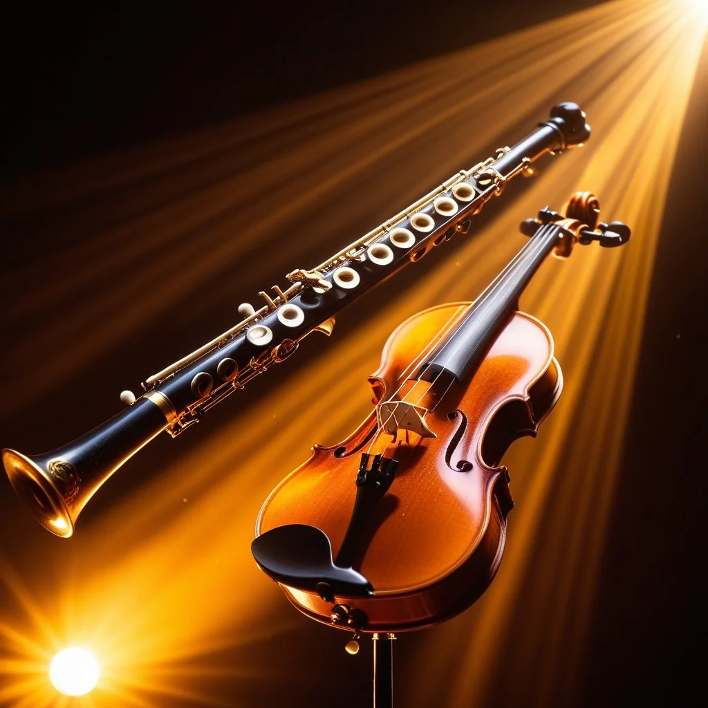 Close-up of a clarinet and a violin resting on a stand, illuminated by a warm, golden spotlight against a dark background. Dust particles float in the light beam, creating a magical, textured atmosphere.