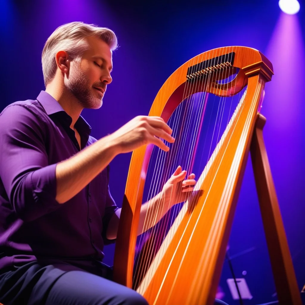 A dynamic low-angle shot of a harpist's hands playing an electric-acoustic harp, fingers blurred with motion. The background is a wash of abstract purple and orange stage lighting, conveying high energy and musical intensity.