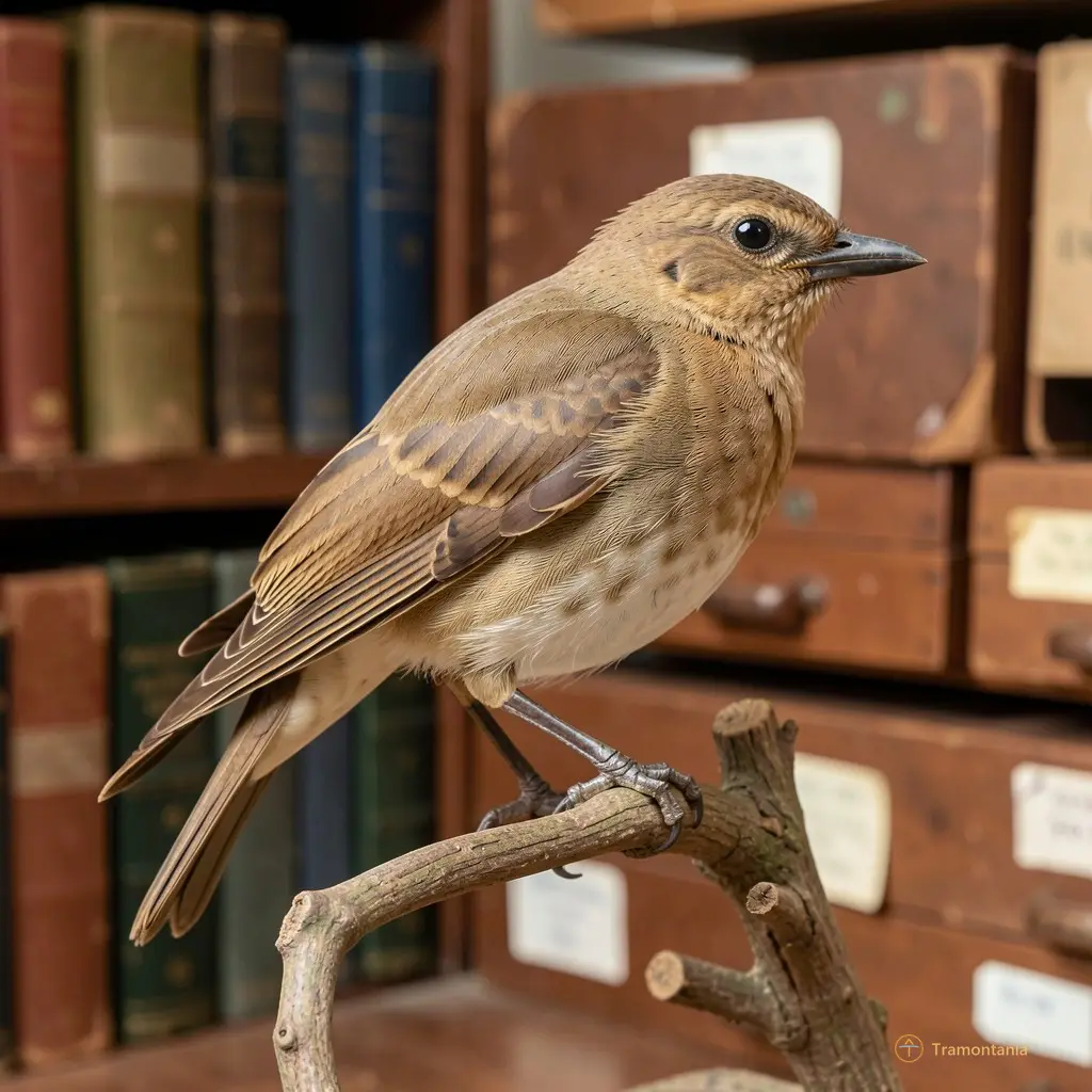 Close-up of a preserved bird specimen on an artificial branch, with blurred old books and collection boxes in the background