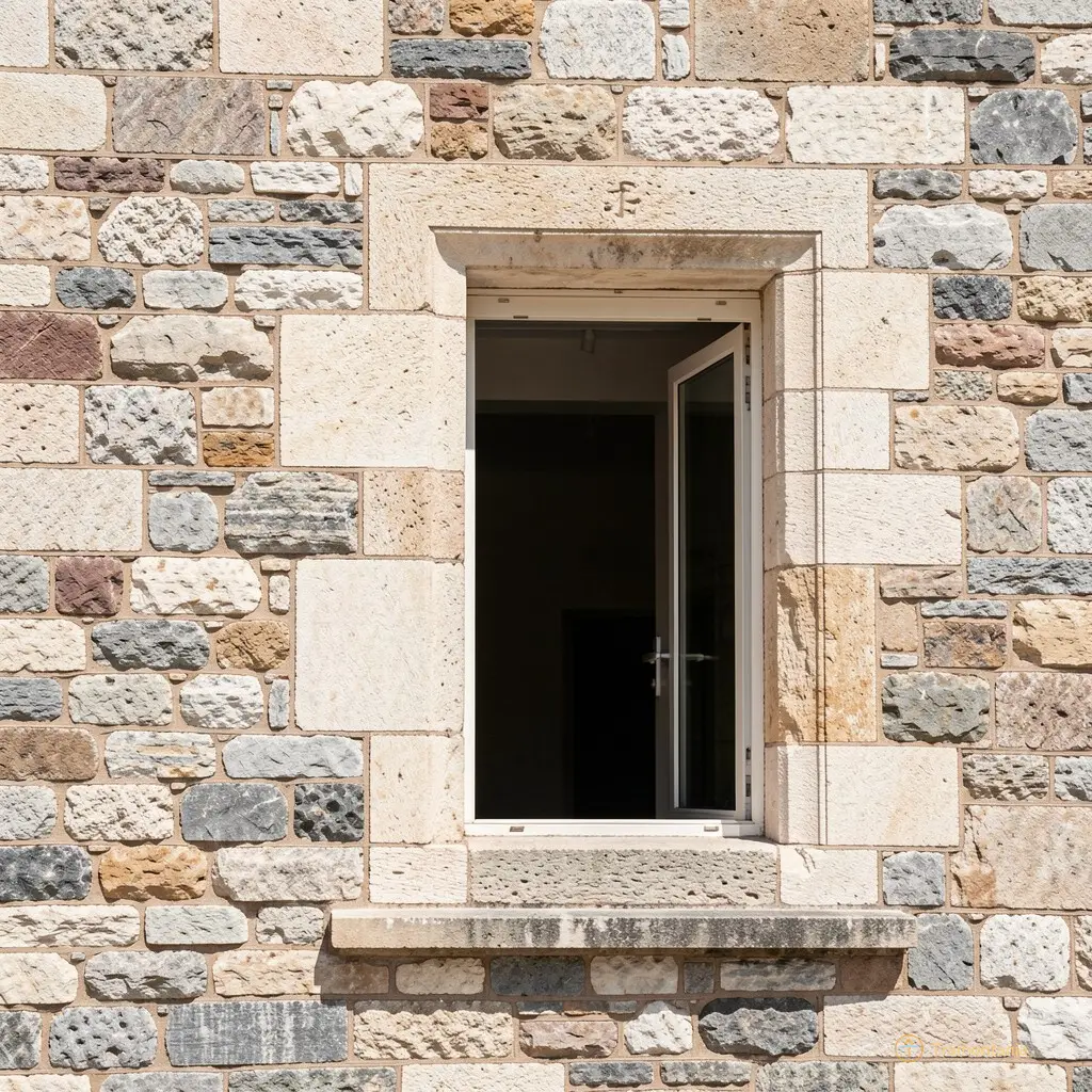 Architectural detail of the museum's exterior facade showing exposed stones and an open window revealing a dark interior