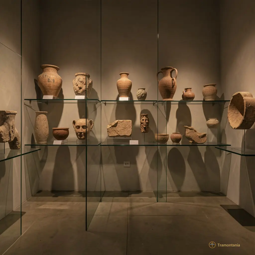 Contemplative atmosphere in a secondary gallery with archaeological objects arranged on glass shelves, bathed in dim and warm lighting
