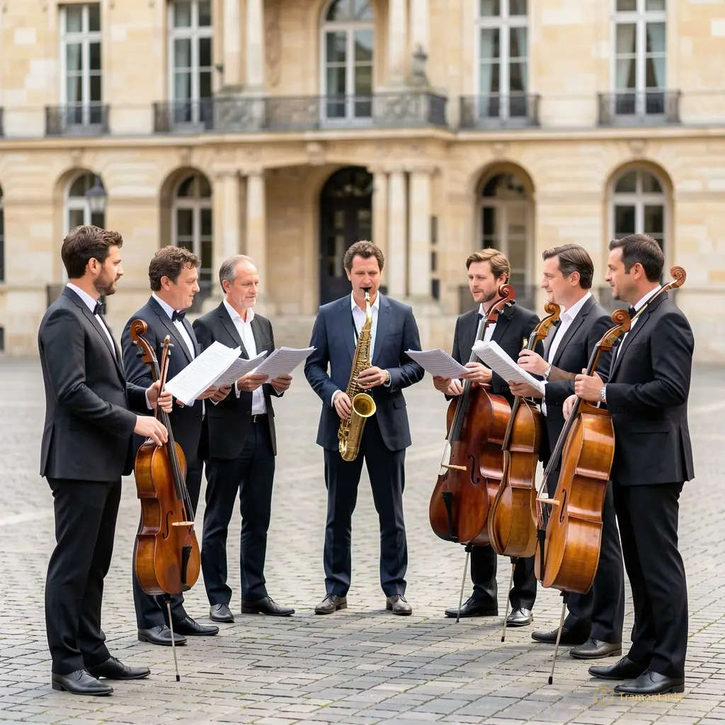 The Els Salanc'aires musicians standing in a loose circle on the Place de la Loge, holding their instruments and sheet music, with the historic building facade blurred in the background