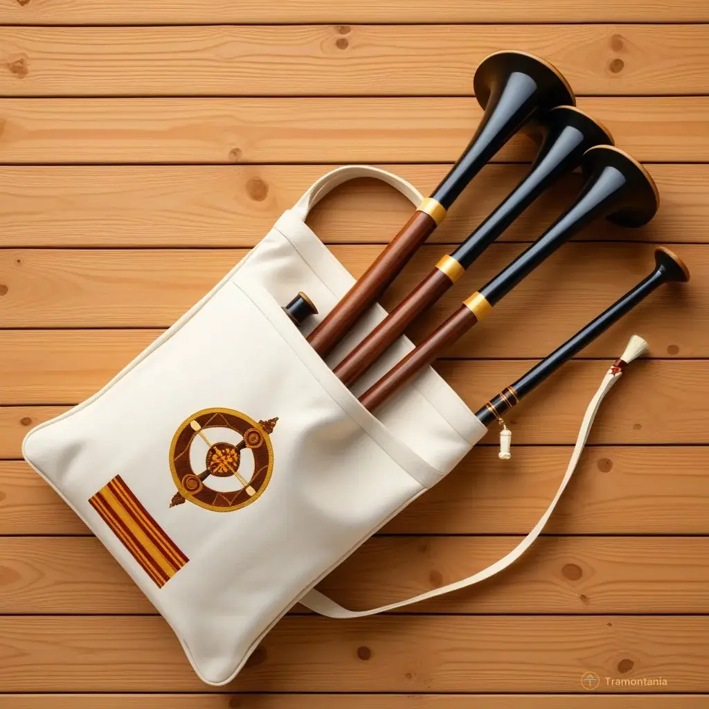 A flat design close-up illustration of a traditional Catalan bagpipe (sac de gemecs) resting on a wooden surface, highlighting the three drones and the double-reed pipe with intricate but simple geometric patterns; palette of cream, brown, and muted gold.