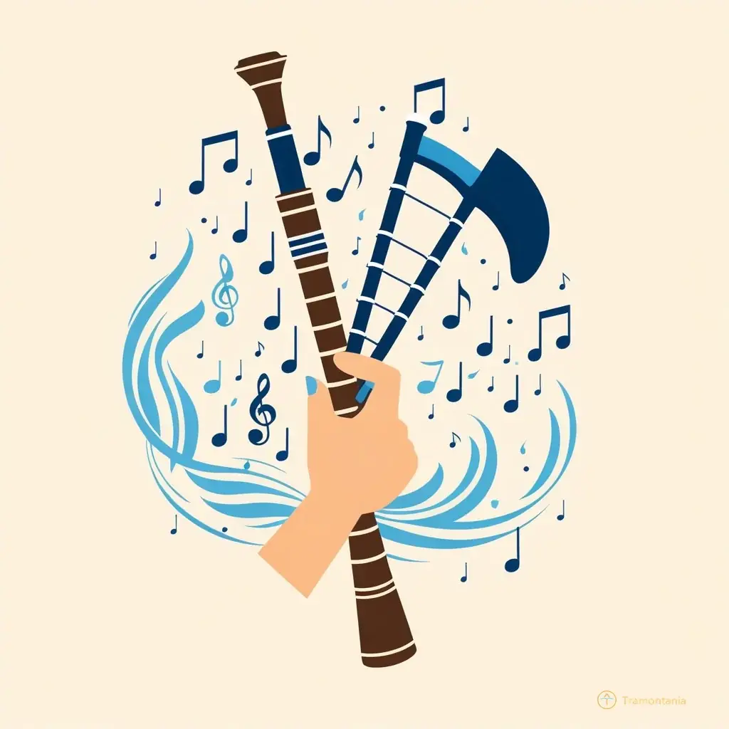 A flat design illustration of a musician's hands gently holding the bagpipe bellows and chanter, with abstract musical notes floating around in soft blue tones against a cream background; minimalistic style focusing on texture and movement.