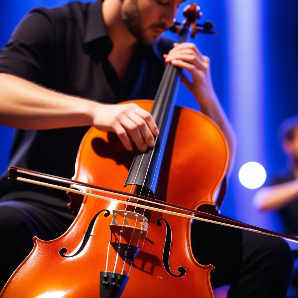 A close-up of a musician's hands playing a cello, the strings vibrating intensely, with soft, blurred lights in the background suggesting a live performance atmosphere.