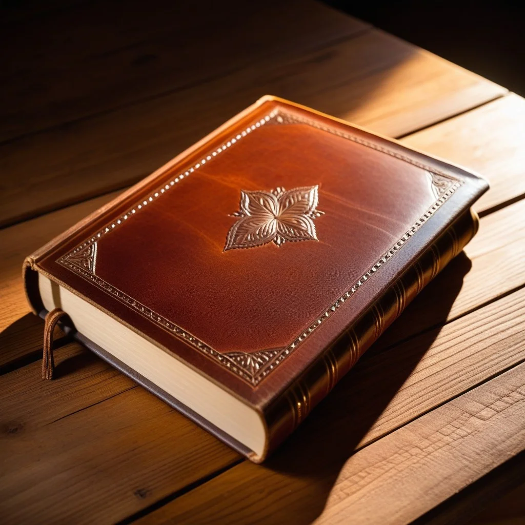 A detailed view of a single, worn leather book resting on a wooden table, its pages slightly open, with a faint trace of dust motes dancing in a beam of light.