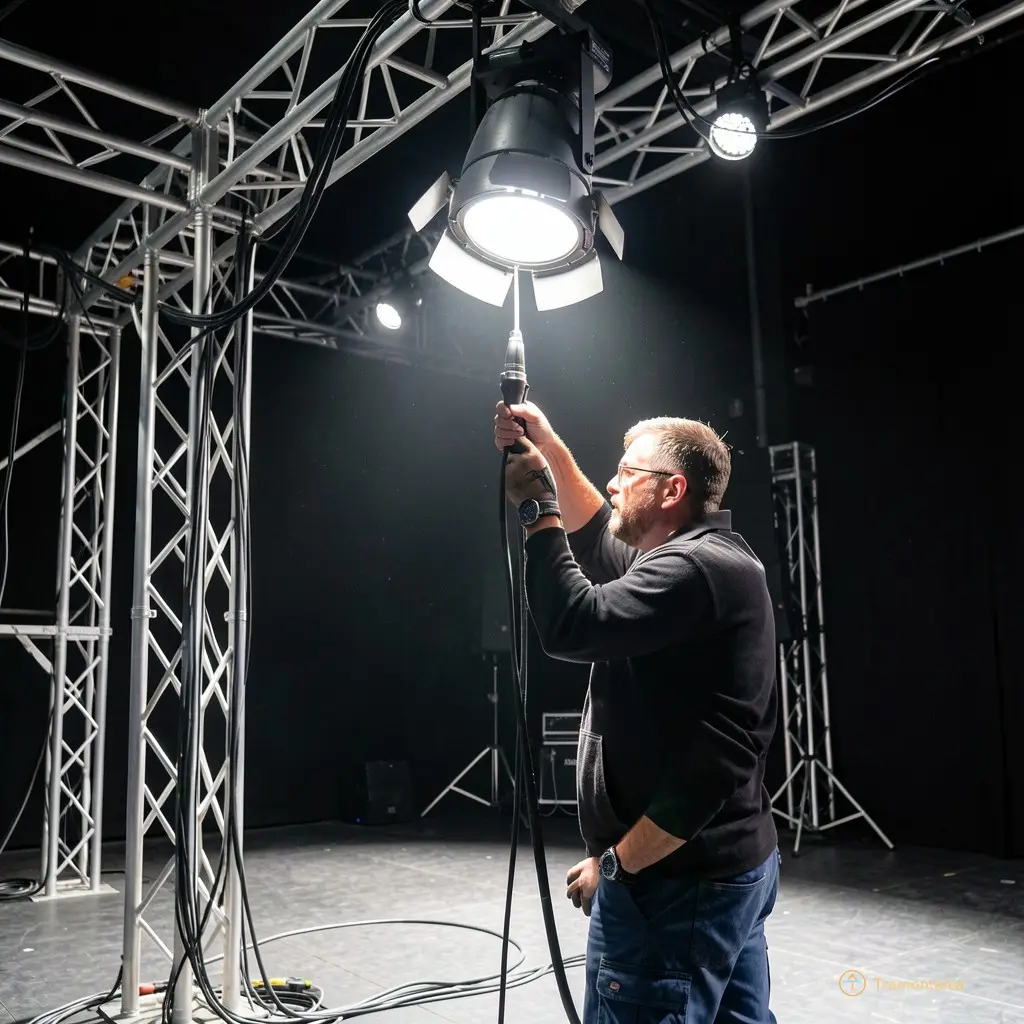 A technician adjusting a spotlight above an empty stage, white light illuminating cables and metal structures