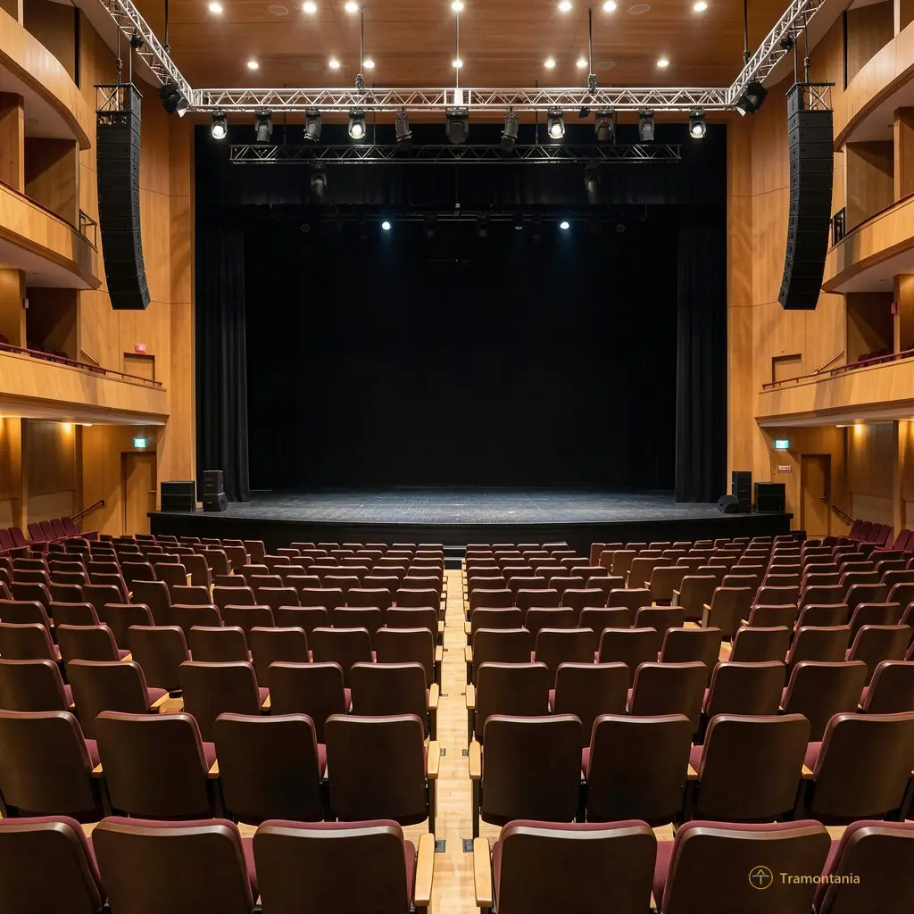 An empty concert hall with a row of empty seats facing a dark stage