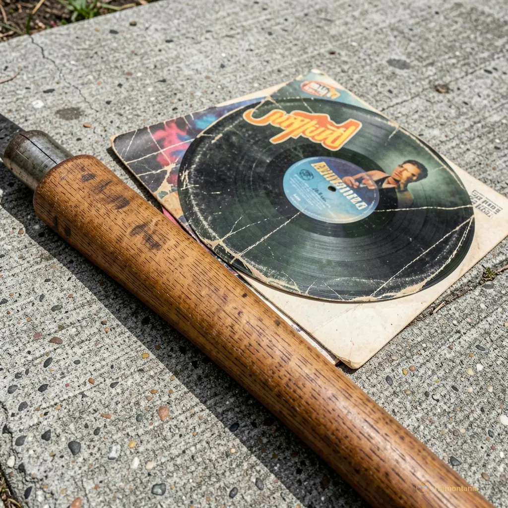 Close-up of a wooden tool handle and an old vinyl record sleeve on a concrete ground