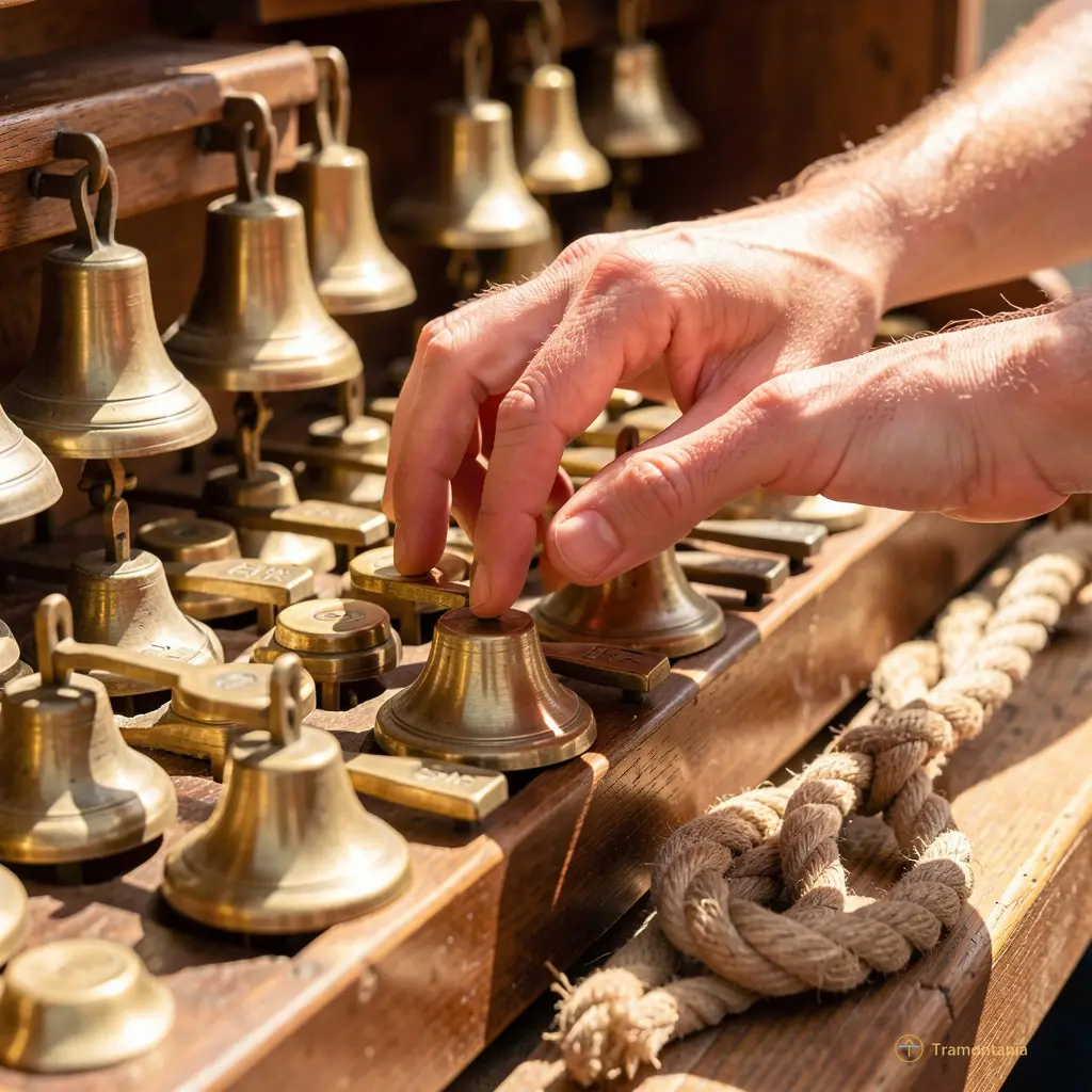 Close-up of hands on carillon keys, fingers blurred in motion, brass bells gleaming under the August sun. A wooden bell rope hangs slack beside them.