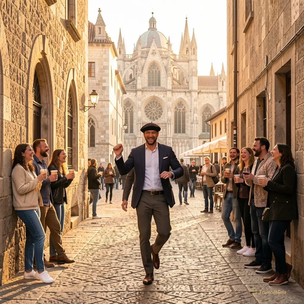 Wide shot of the cathedral square at golden hour. A man in a beret dances alone on cobblestones while others laugh, sip wine from paper cups, and lean against ancient walls still humming with vibration.