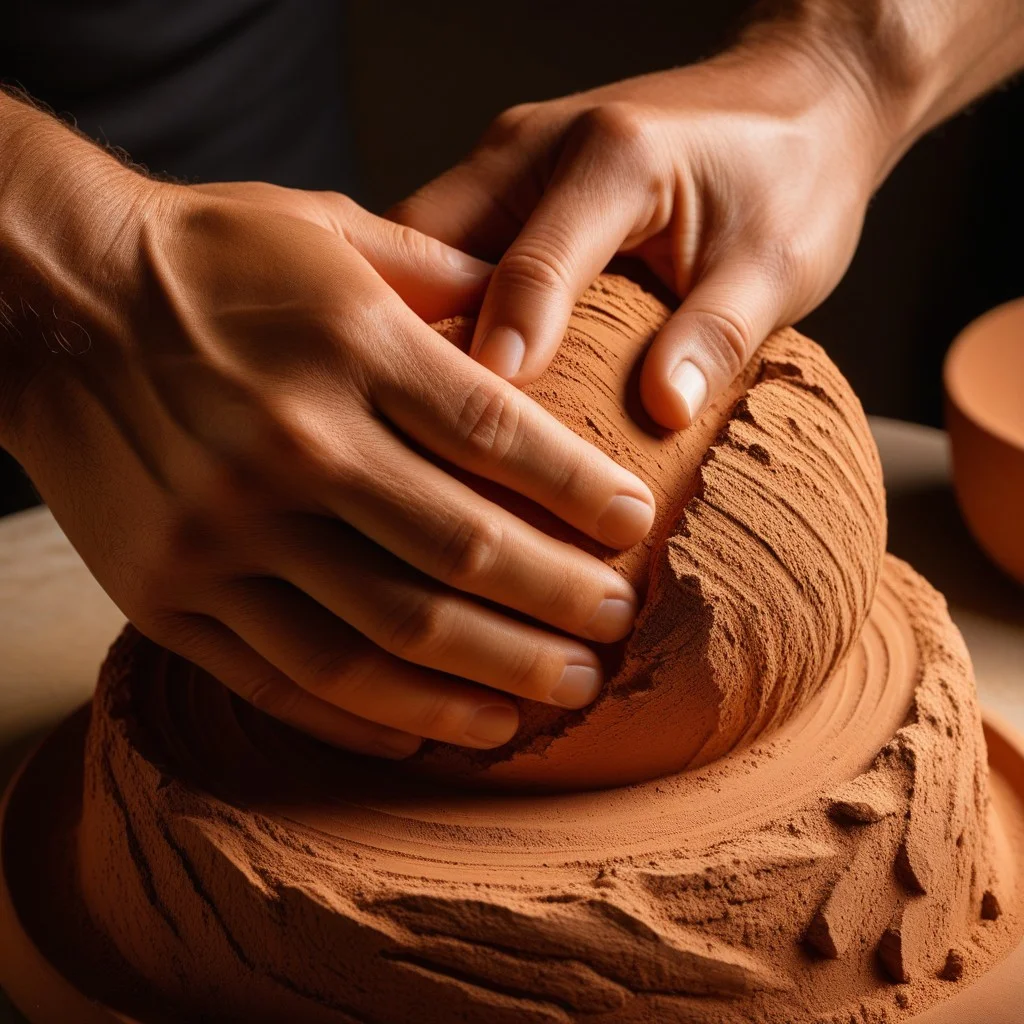 A close-up of a pair of hands holding a rough, textured clay sculpture, illuminated by a single warm light source, highlighting the tactile imperfections and the artist's focused expression.