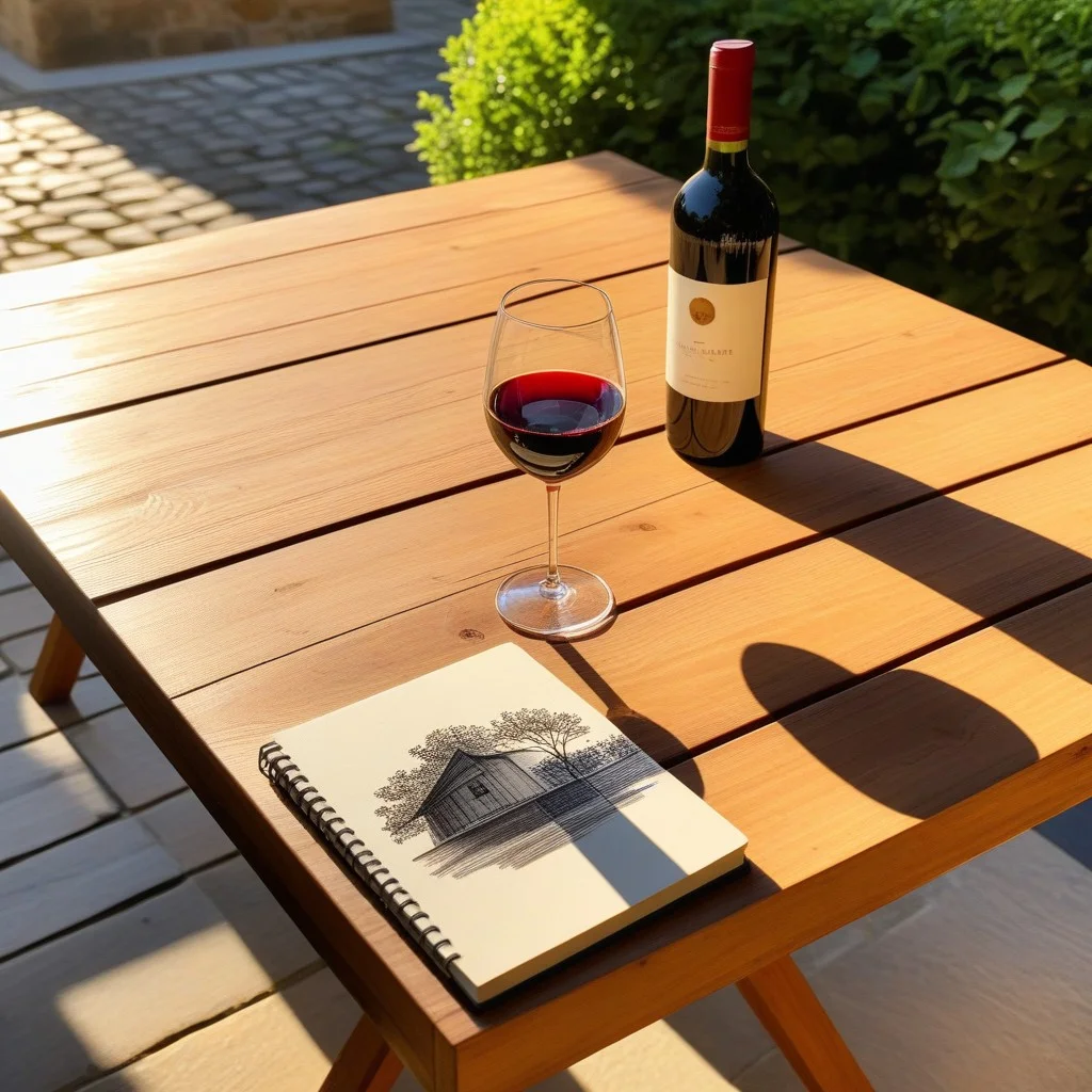 A detailed view of a small, rustic wooden table in a courtyard, holding a glass of red wine and a sketchbook with charcoal drawings, bathed in the soft, golden light of late afternoon.