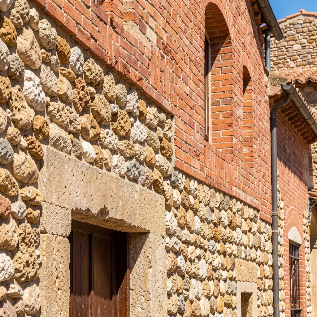 Un détail architectural montrant la texture rugueuse des cayroux (galets) et de la brique rouge caractéristiques d'une façade perpignanaise