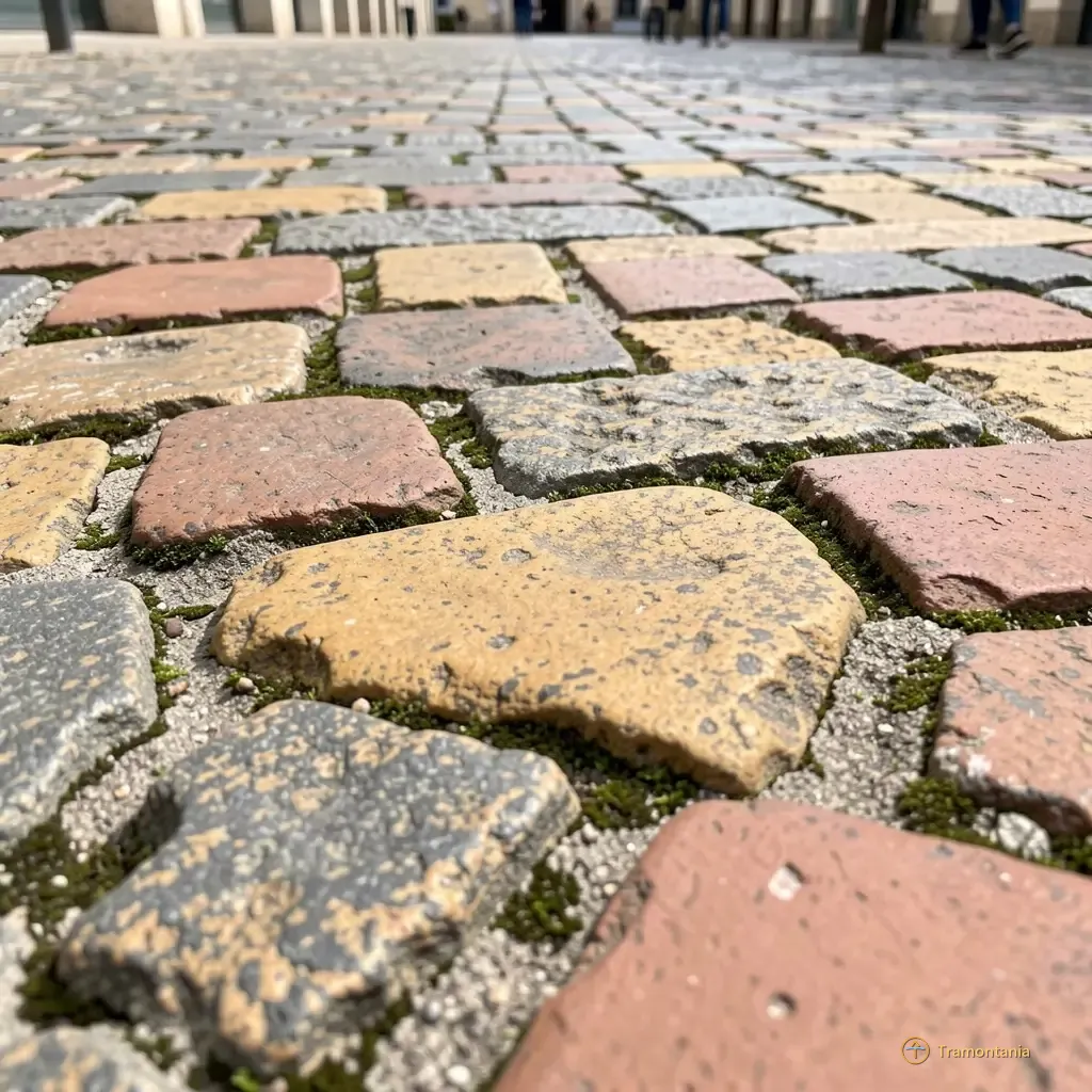 Des pavés de différentes teintes, gris et terre cuite, forment un sol piétonnier texturé à Perpignan