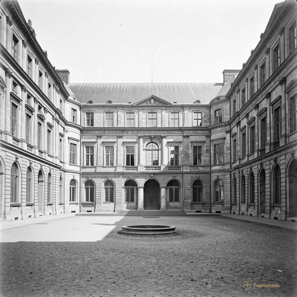 Vintage black and white photograph of the Palace courtyard from the early 20th century, showing its state before full restoration