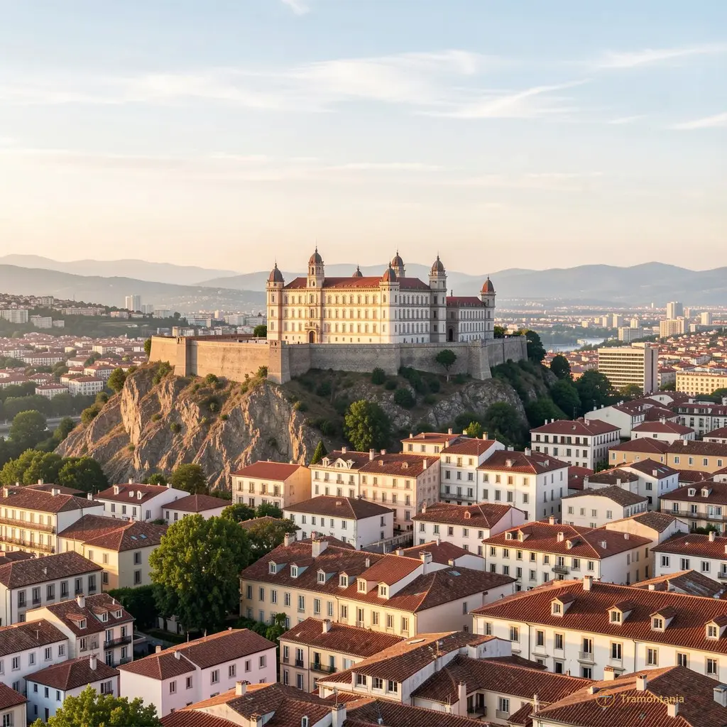 A wide shot of the Palace from a distance, showing its position on the promontory overlooking Perpignan's rooftops under a soft morning sky