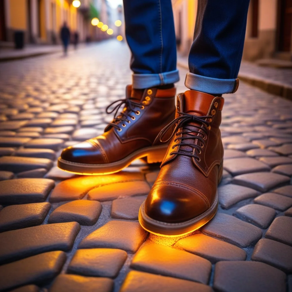 Close-up shot of a pair of worn leather shoes stepping on ancient, uneven cobblestones. The lighting is dramatic, with a sharp beam of amber light highlighting the texture of the stone and the dust rising slightly with each step. In the blurred background, the colorful, electric glow of the street continues, suggesting a journey through time.